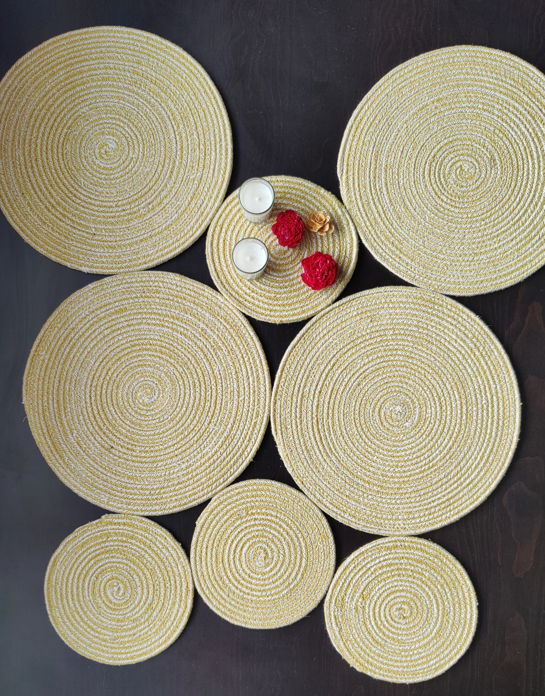 Cotton Place mats 38 cm (15&quot;) and 22 cm (9&quot;) Round Table Mats, Heat Resistant, Reversible Use, Washable (Pack of 8)-Yellow-Cotton-4