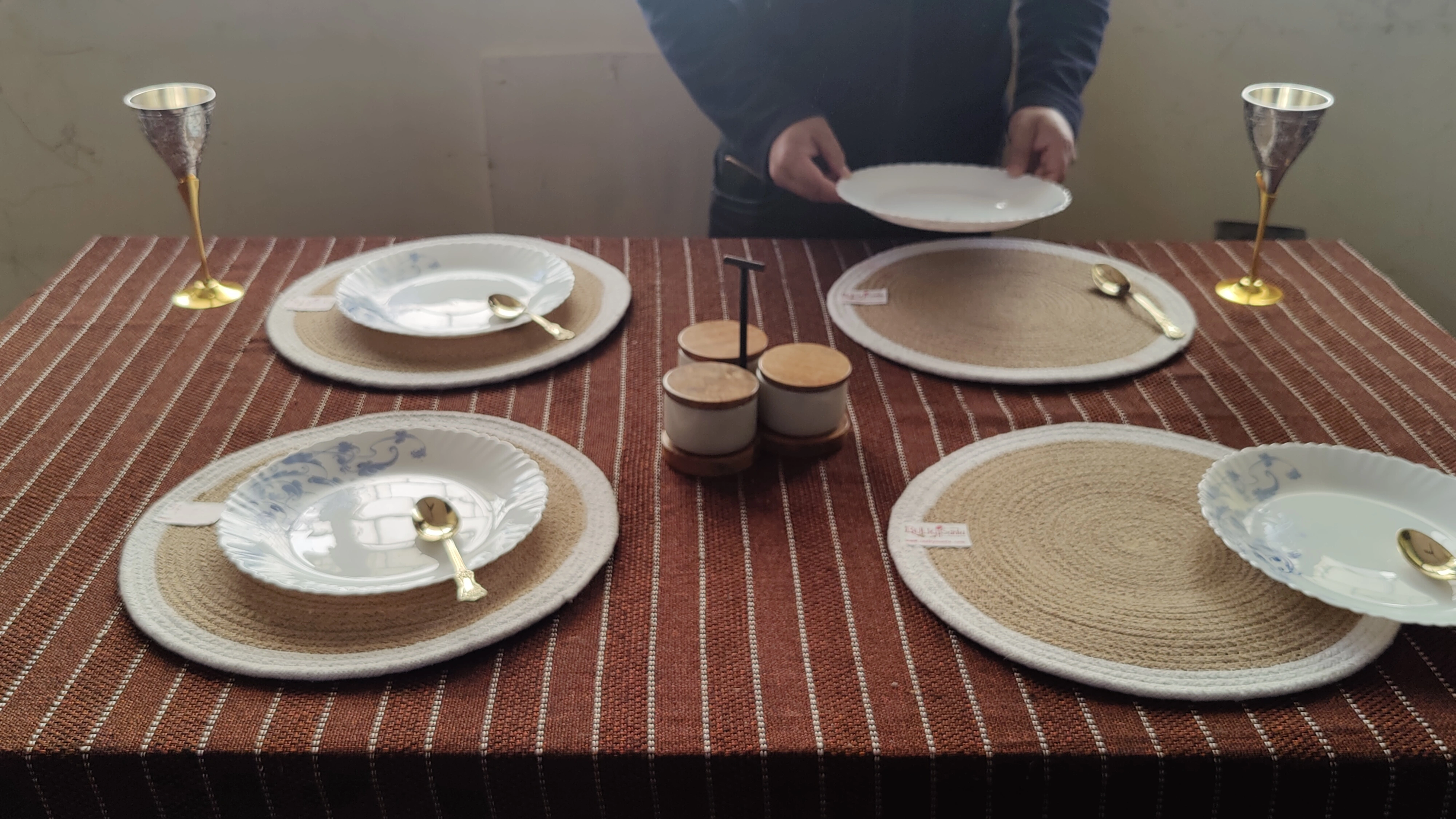 Cotton Place mats 38 cm (15&quot;) and 22 cm (9&quot;) Round Table Mats, Heat Resistant, Reversible Use, Washable (Pack of 8)-Brown-White-Cotton-1