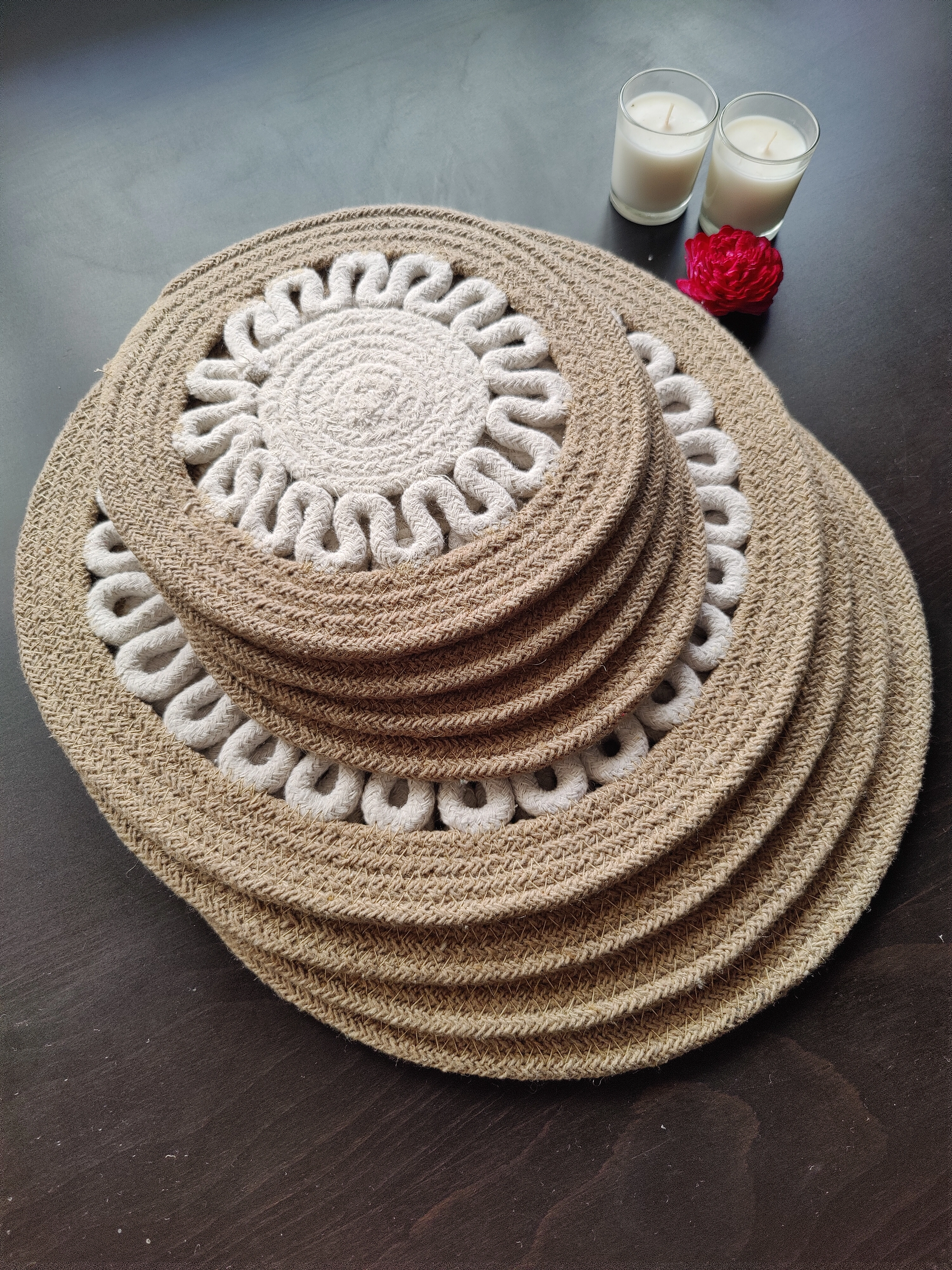 Cotton Place mats 38 cm (15&quot;) and 22 cm (9&quot;) Round Table Mats, Heat Resistant, Reversible Use, Washable (Pack of 8)-White-Beige-Cotton-2