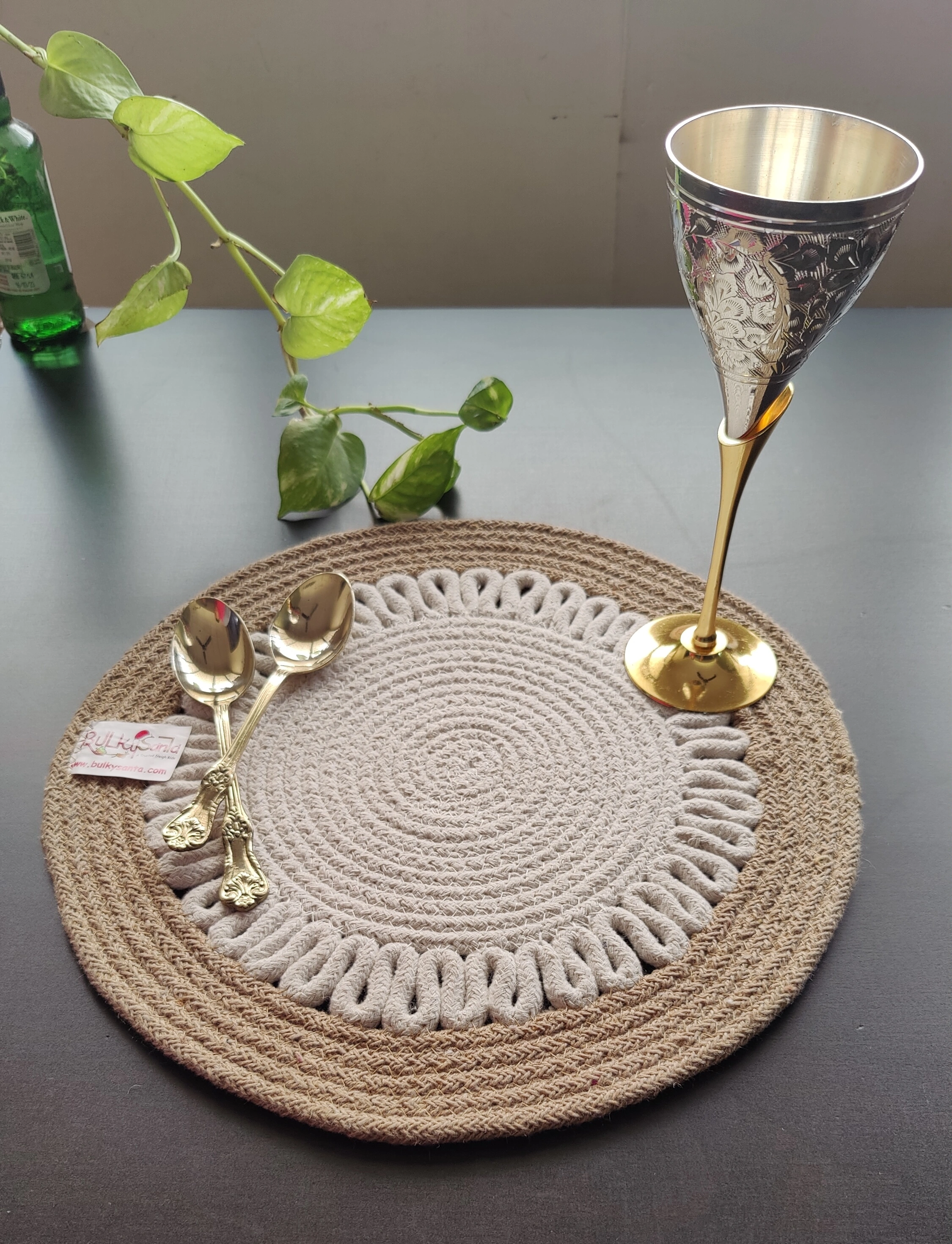 Cotton Place mats 38 cm (15&quot;) and 22 cm (9&quot;) Round Table Mats, Heat Resistant, Reversible Use, Washable (Pack of 8)-White-Beige-Cotton-3