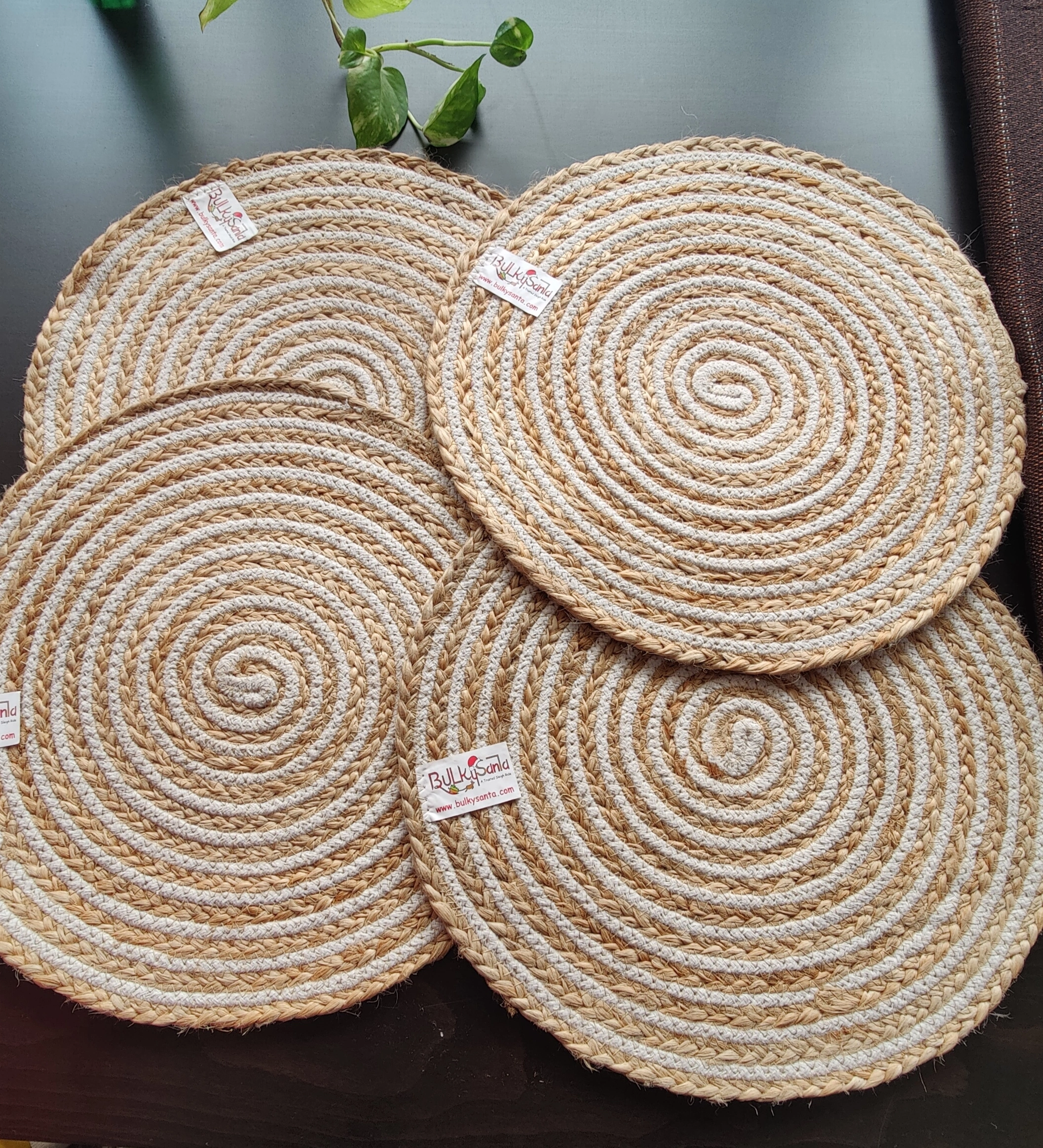 Cotton Place mats 38 cm (15&quot;) and 22 cm (9&quot;) Round Table Mats, Heat Resistant, Reversible Use, Washable (Pack of 8)-White-Beige-Cotton - Jute-1