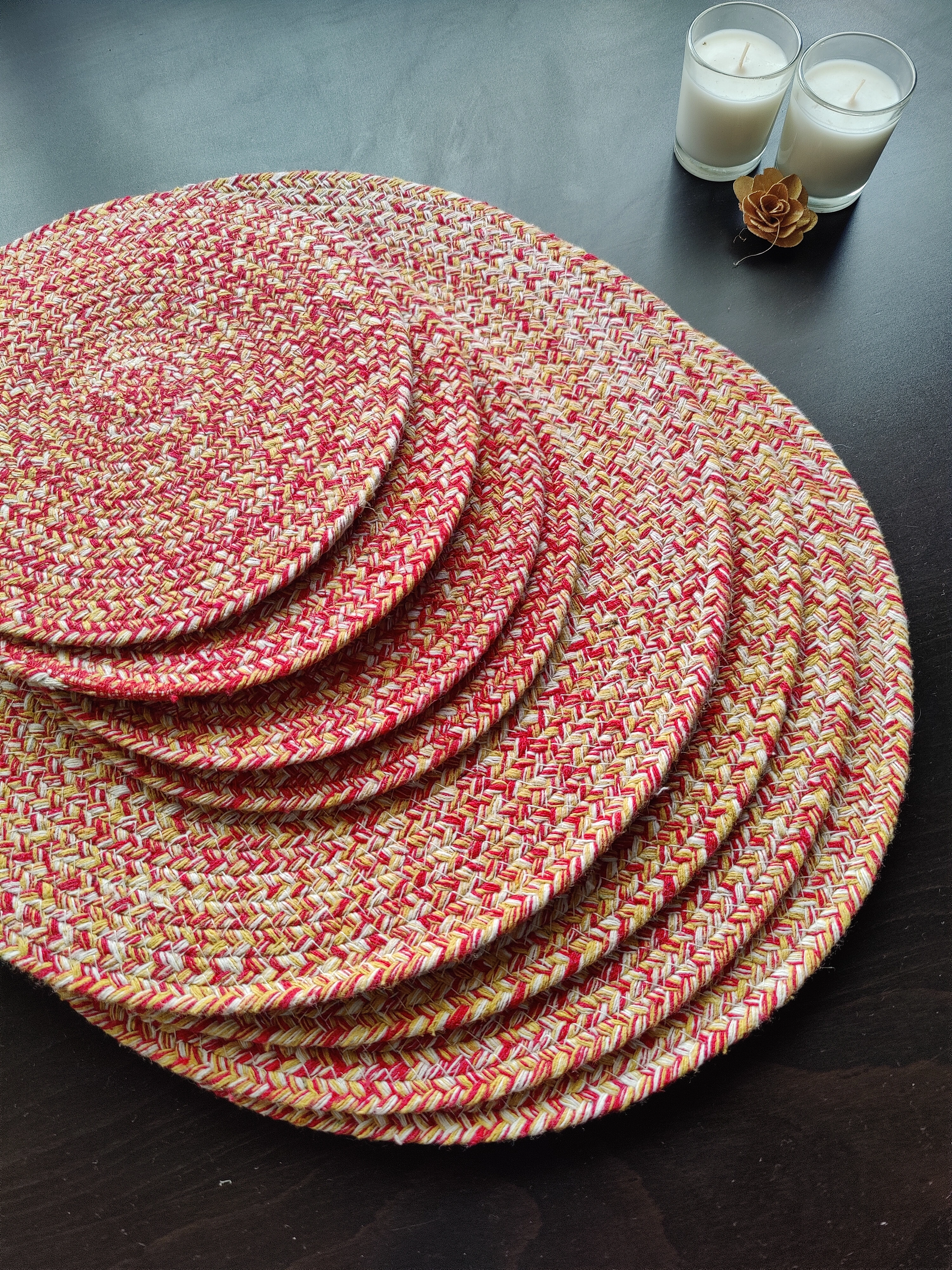 Cotton Place mats 38 cm (15&quot;) and 22 cm (9&quot;) Round Table Mats, Heat Resistant, Reversible Use, Washable (Pack of 8)-Red-Yellow-Cotton-1