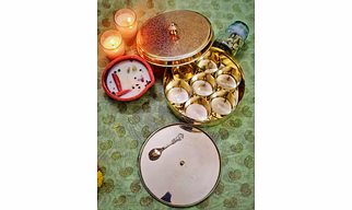Brass Spice Box for Kitchen with Spoon Tray and 7 Containers | Masala Box 7 inches