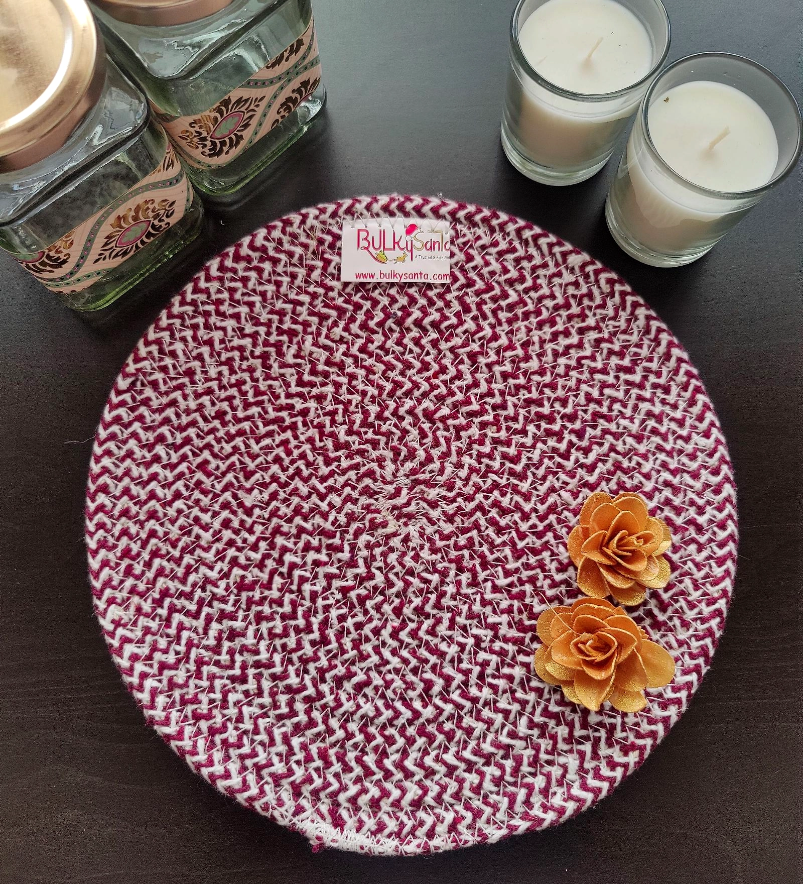 Cotton Place mats 22 cm (9&quot;) Round Table Mats, Heat Resistant, Reversible Use, Washable (Maroon)-Pack of 1-3