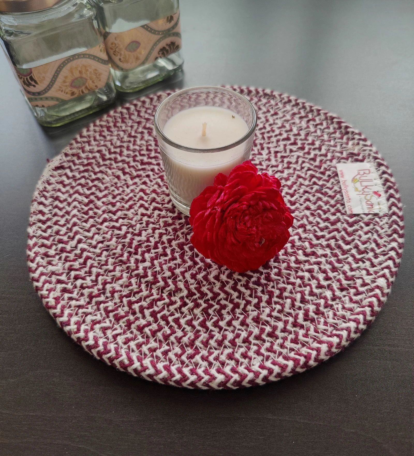 Cotton Place mats 38 cm (15&quot;) and 22 cm (9&quot;) Round Table Mats, Heat Resistant, Reversible Use, Washable (Pack of 8)-Maroon-Cotton-3