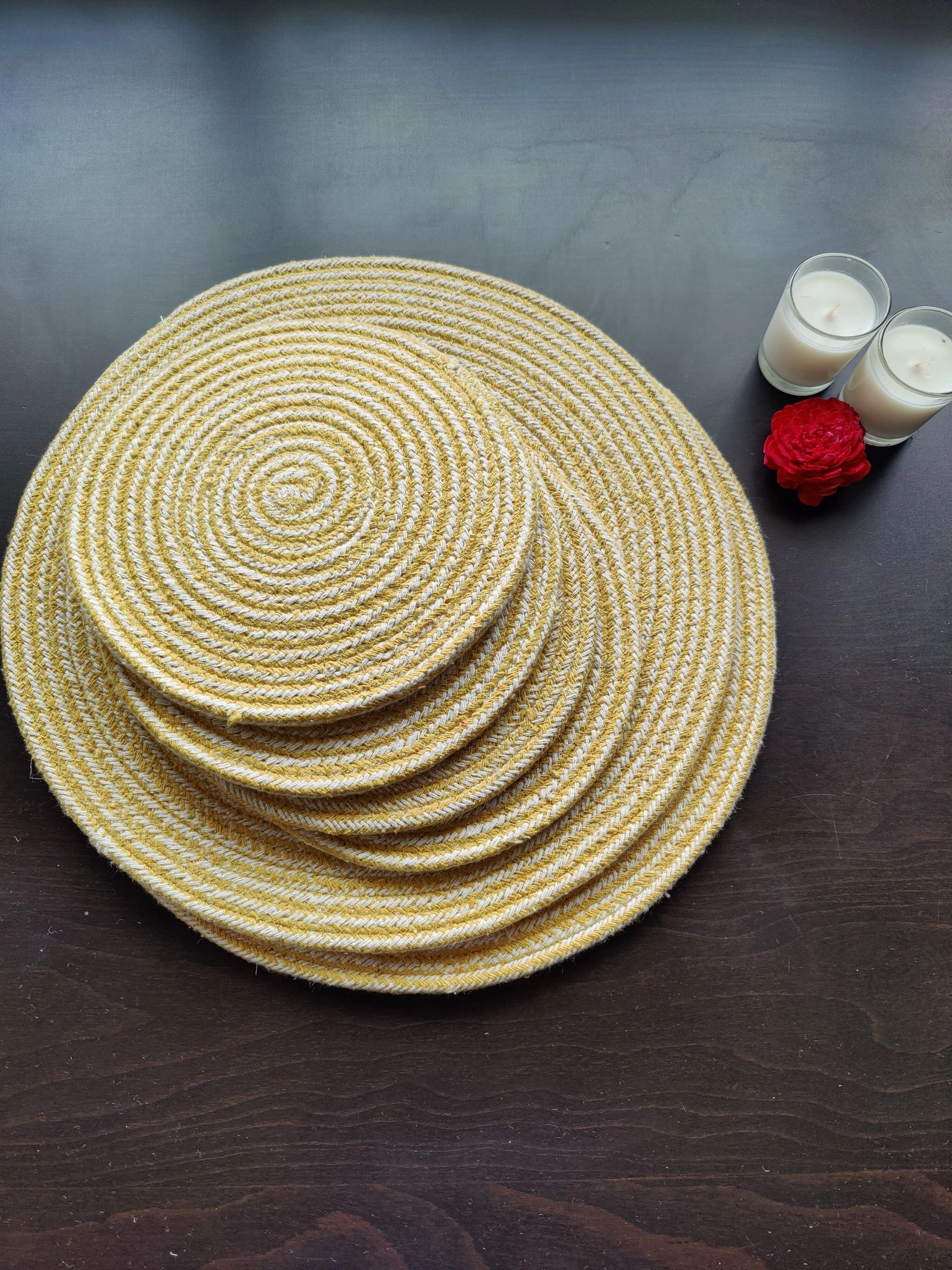 Cotton Place mats 38 cm (15&quot;) and 22 cm (9&quot;) Round Table Mats, Heat Resistant, Reversible Use, Washable (Pack of 6) (Yellow)-Yellow-Cotton-1