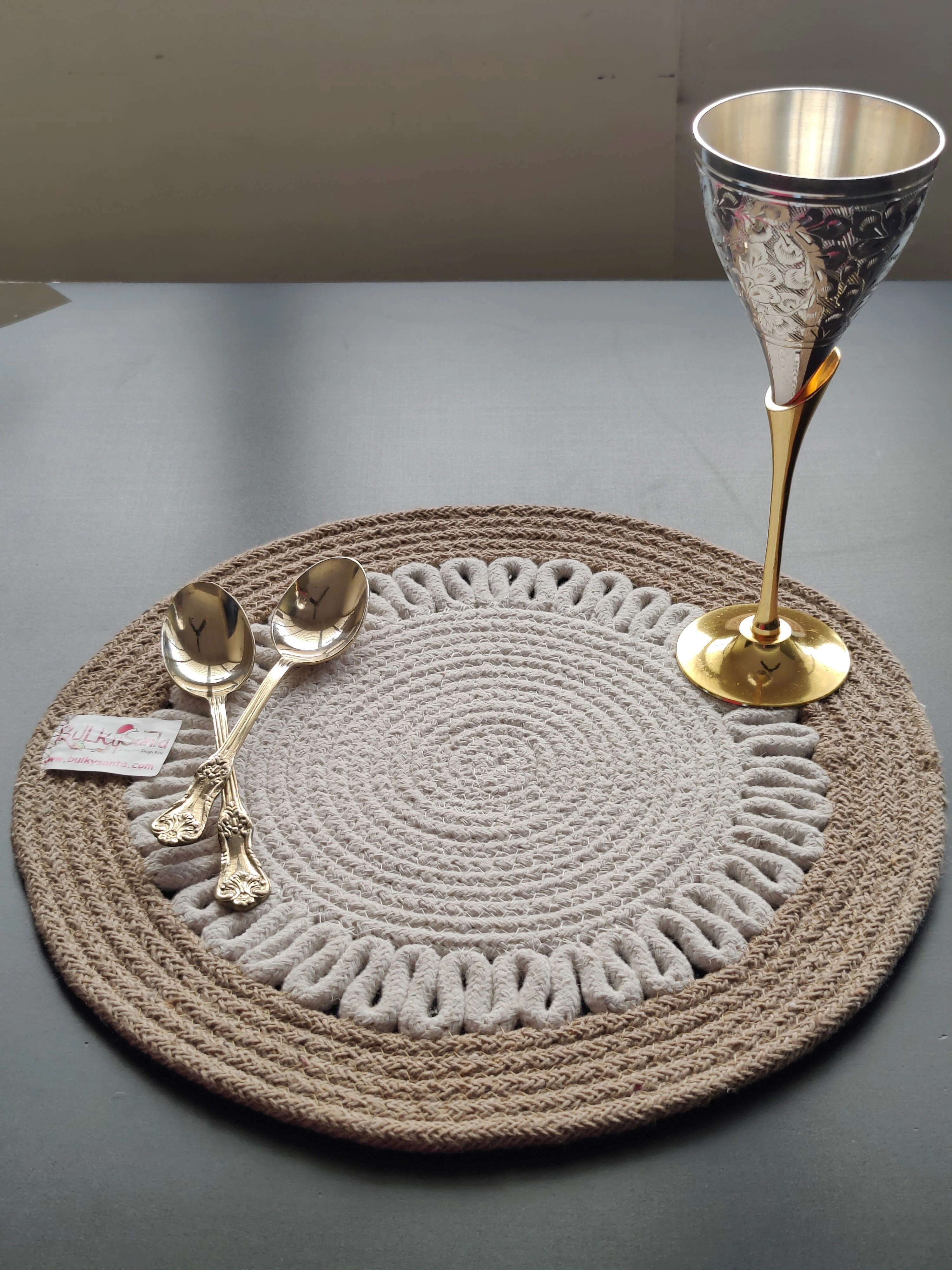 Cotton Place mats 38 cm (15&quot;) and 22 cm (9&quot;) Round Table Mats, Heat Resistant, Reversible Use, Washable (Pack of 6) (Yellow)-White-Beige-Cotton-4