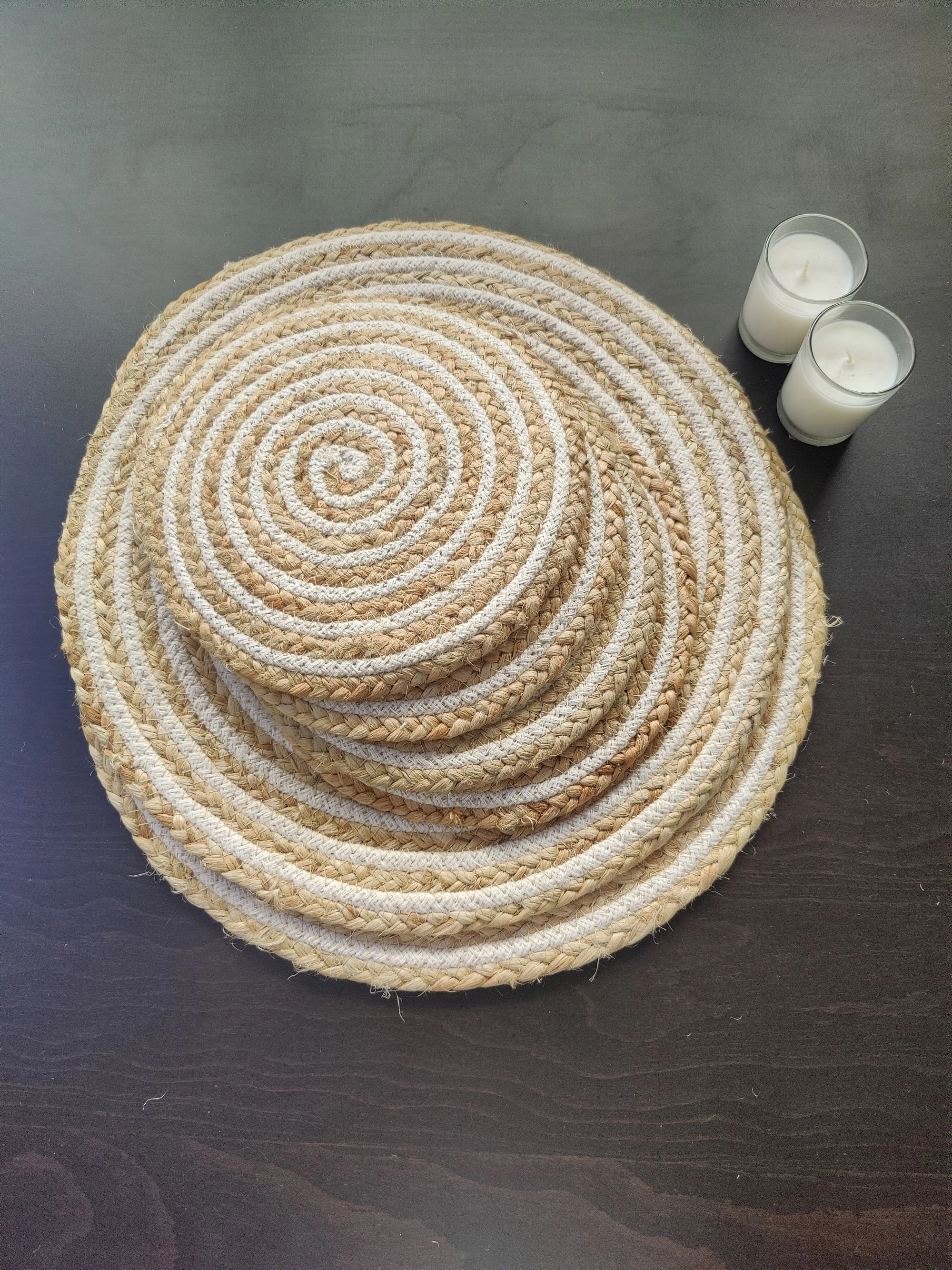 Cotton Place mats 38 cm (15&quot;) and 22 cm (9&quot;) Round Table Mats, Heat Resistant, Reversible Use, Washable (Pack of 6) (Yellow)-White-Beige-Cotton Jute-4