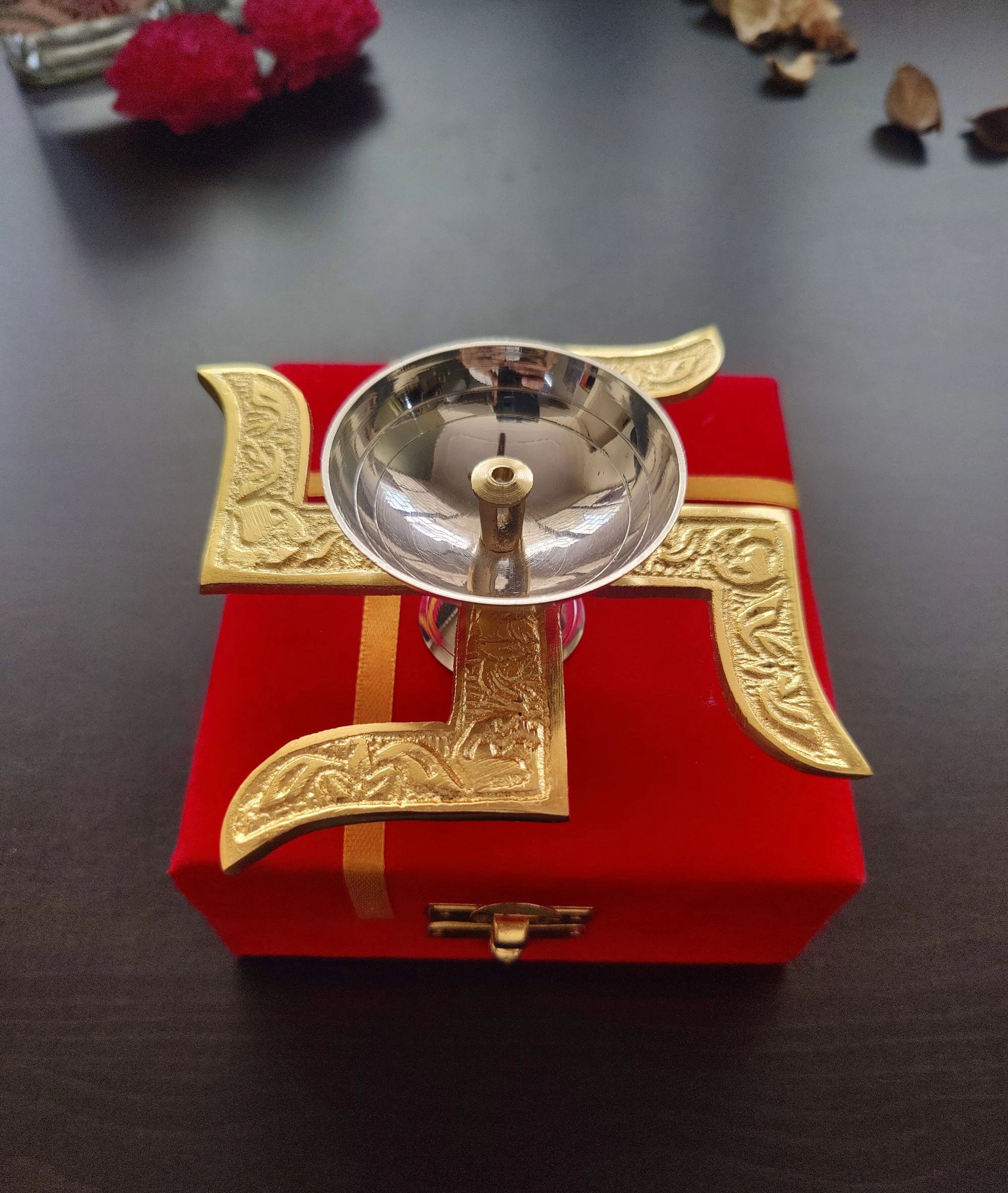 Brass Swastik Diya (4&quot; x 4&quot; x 1.5&quot;) with Gift Box | Brass Diya with satiya-Brass-1