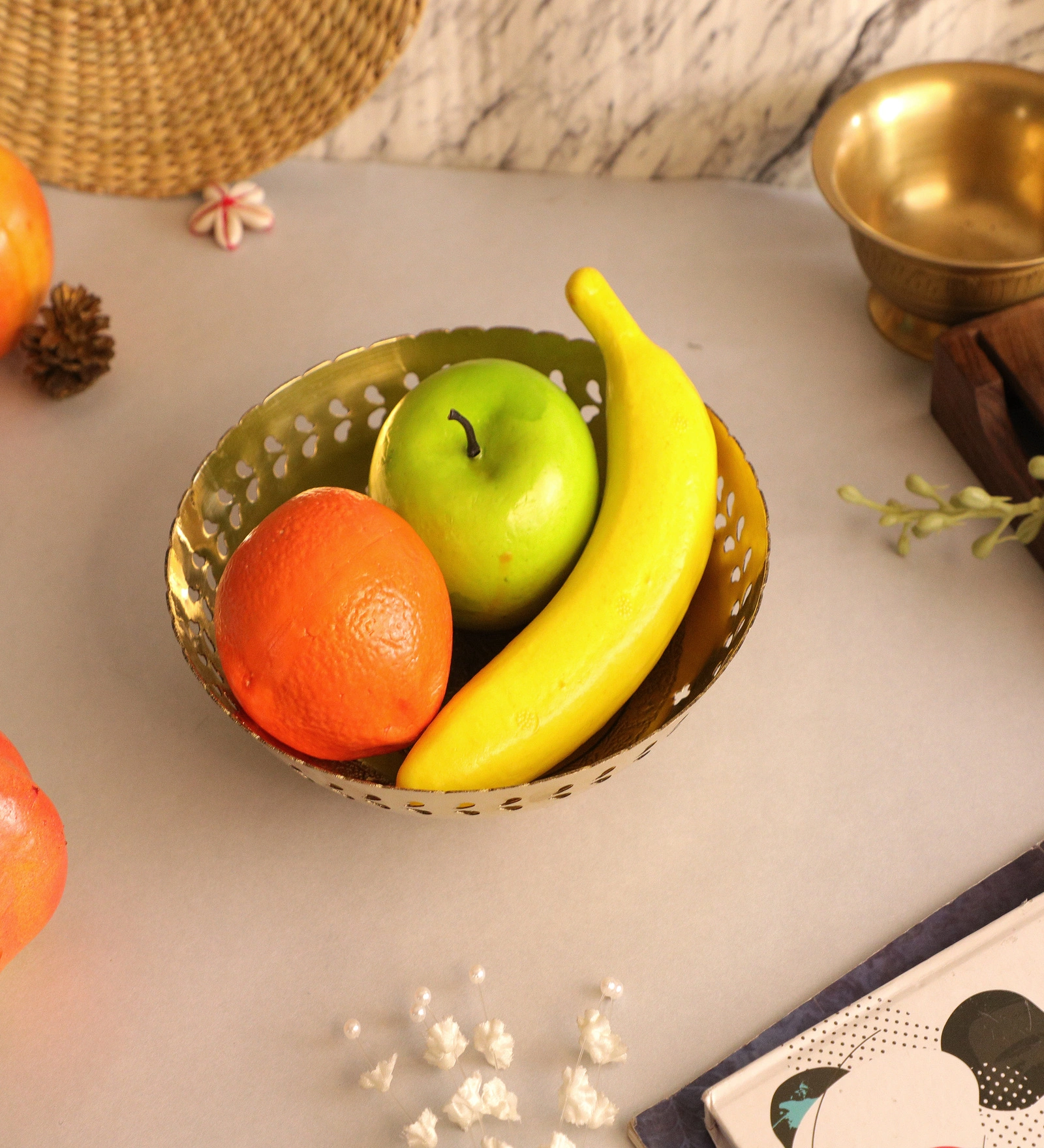 Brass Fruit Bowl with Hand Engraved Design (Size - 7 inches Approx.) (Brass)-1