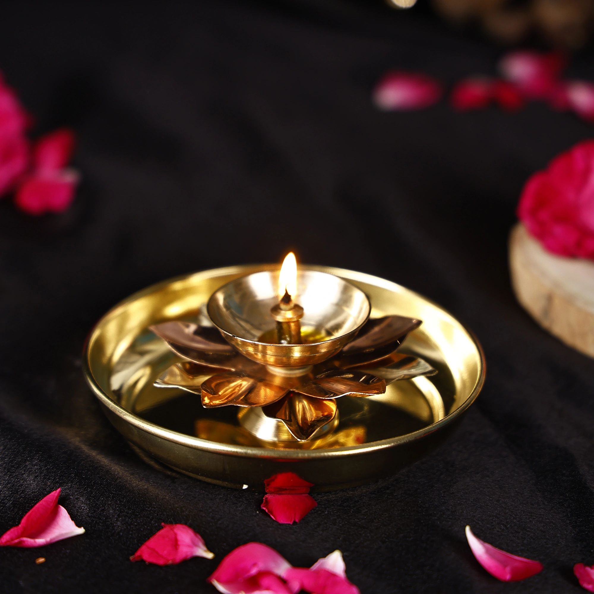 Brass Plate with Diya || Brass Lotus Diya Small || Brass Plate 4 inches (Without Gift Box)-12647015