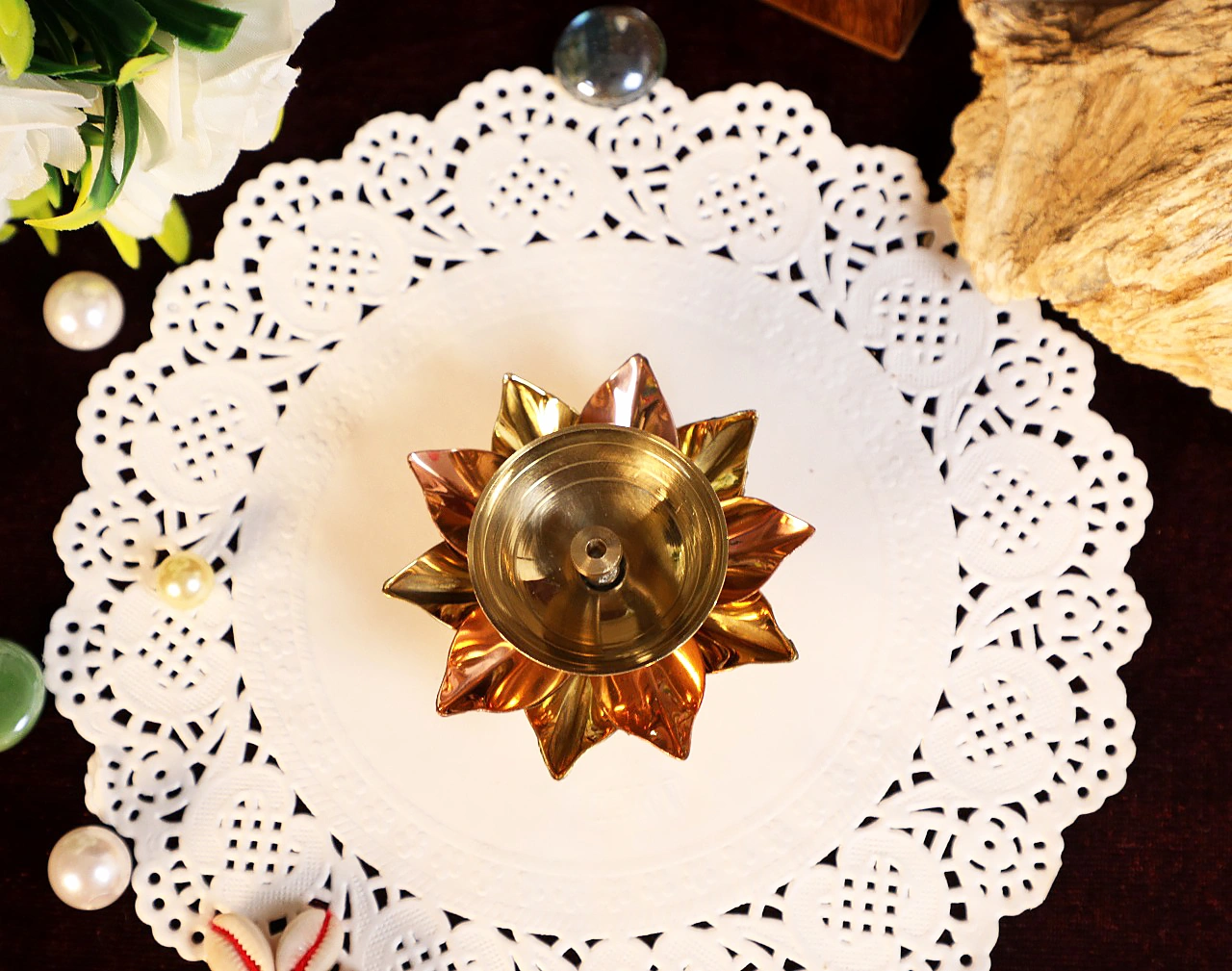 Brass Plate with Diya || Brass Lotus Diya Small || Brass Plate 4 inches (Without Gift Box)-2