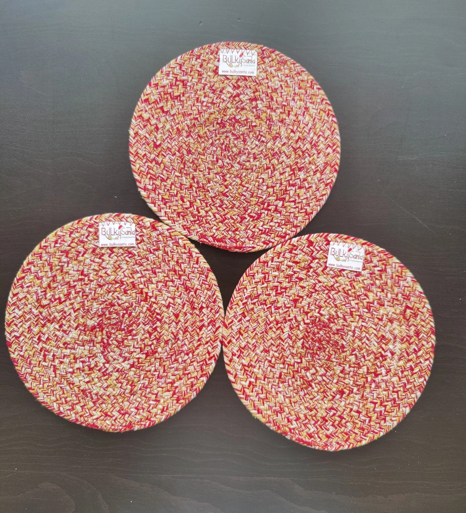 Cotton Place mats 22 cm (9&quot;) Round Table Mats, Heat Resistant, Reversible Use, Washable (RED-Yellow)-Pack of 3-1