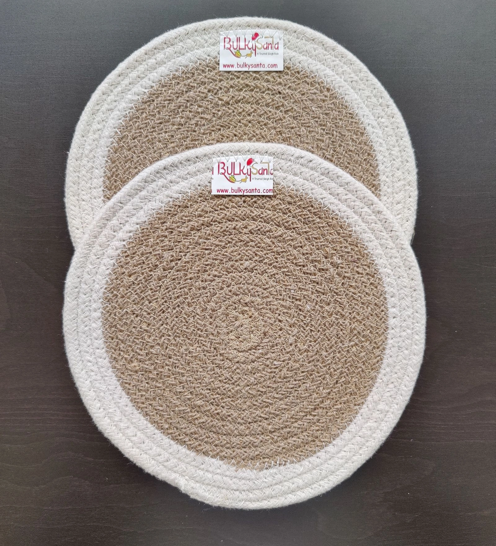 Cotton Place mats 22 cm (9&quot;) Round Table Mats, Heat Resistant, Reversible Use, Washable (White-Brown)-Pack of 2-1