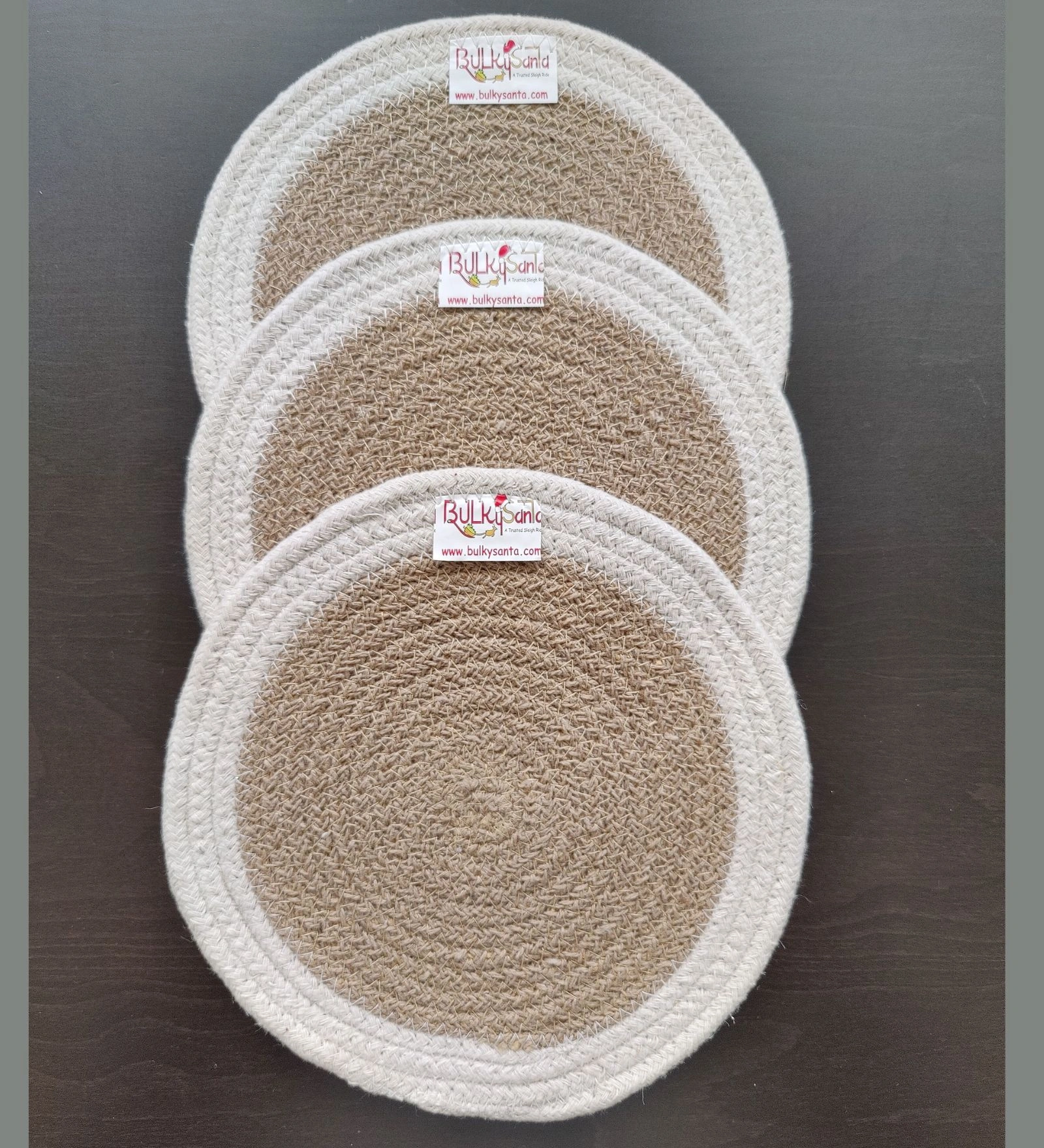 Cotton Place mats 22 cm (9&quot;) Round Table Mats, Heat Resistant, Reversible Use, Washable (White-Brown)-Pack of 3-1