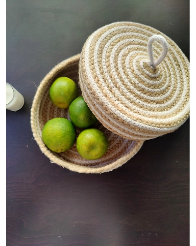 BulkySanta Roti Serving Basket with lid 10 inches cotton jute | bread proofing basket | multipurpose fruit basket | dinning table decor-Cotton jute-Beige White-1