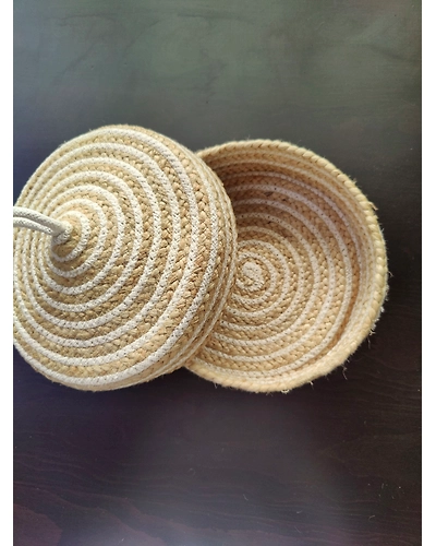 BulkySanta Roti Serving Basket with lid 10 inches cotton jute | bread proofing basket | multipurpose fruit basket | dinning table decor-Cotton jute-Beige White-2