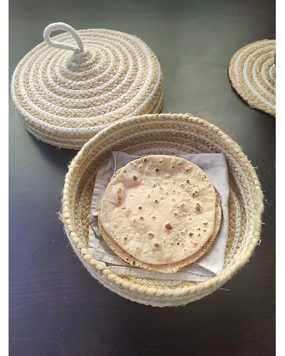 BulkySanta Roti Serving Basket with lid 10 inches cotton jute | bread proofing basket | multipurpose fruit basket | dinning table decor-Cotton jute-Beige White-3
