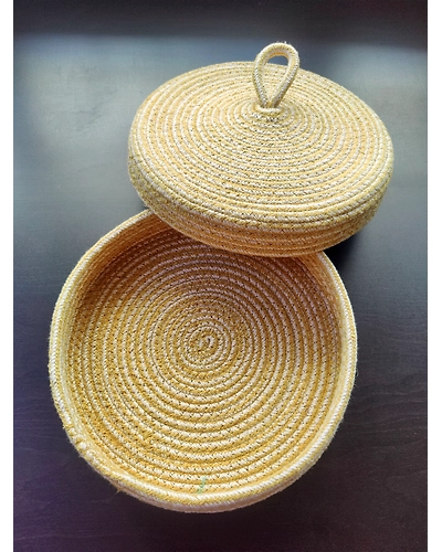 BulkySanta Roti Serving Basket with lid 10 inches cotton jute | bread proofing basket | multipurpose fruit basket | dinning table decor-Cotton-Yellow-1