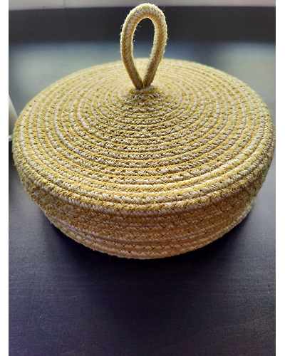 BulkySanta Roti Serving Basket with lid 10 inches cotton jute | bread proofing basket | multipurpose fruit basket | dinning table decor-Cotton-Yellow-2