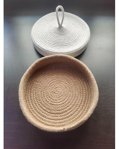 BulkySanta Roti Serving Basket with lid 10 inches cotton jute | bread proofing basket | multipurpose fruit basket | dinning table decor-Cotton-White-Beige-2