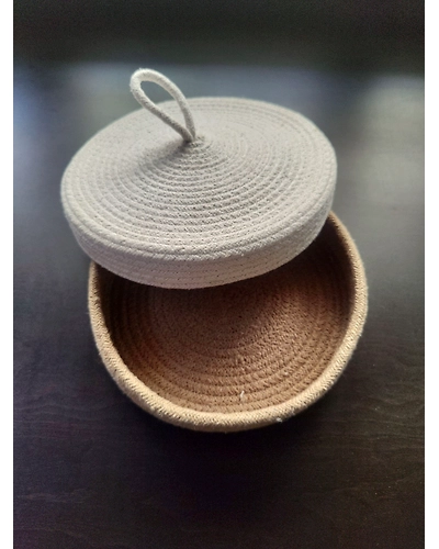 BulkySanta Roti Serving Basket with lid 10 inches cotton jute | bread proofing basket | multipurpose fruit basket | dinning table decor-Cotton-White-Beige-1