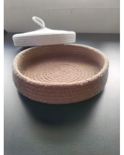 BulkySanta Roti Serving Basket with lid 10 inches cotton jute | bread proofing basket | multipurpose fruit basket | dinning table decor-Cotton-White-Beige-3