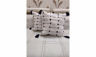 BulkySanta handtufted Cotton Cushion Covers for Sofa, 16 in x 16 in (2, White Black Stitch)