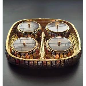 Handcrafted Brass Mukhwas Set with 4 Compartments, Decorative Design | Multipurpose serving tray set, Multicolor