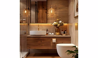 Beige and Brown Tiles Bathroom