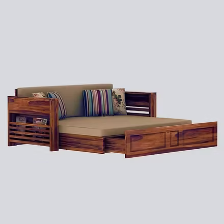 &quot;Fully extended view of Futon teakwood sofa cum bed with beige cushions, showing spacious bed m