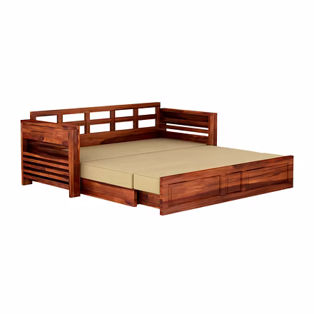 &quot;Fully extended view of Futon teakwood sofa cum bed with beige cushions, showing spacious bed m
