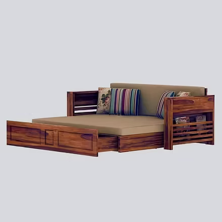 &quot;Fully extended view of Futon teakwood sofa cum bed with beige cushions, showing spacious bed m