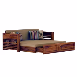 Front view of Futon, a handcrafted teakwood sofa cum bed with built-in storage, designed for compact