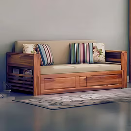 &quot;Front view of Futon sofa cum bed in sofa mode, crafted in solid teakwood with storage and colo