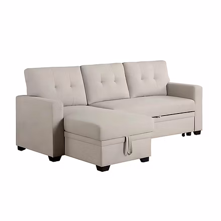Side view of Casae L-shaped sofa cum bed with chaise closed and storage handle