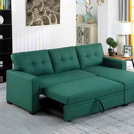 Living room setup with Casae sofa bed extended, highlighting its multifunctional pull-out bed and hi