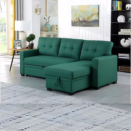 Living room setup with Casae sofa bed extended, highlighting its multifunctional pull-out bed and hi