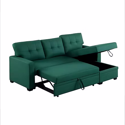 Convertible sofa cum bed with hidden storage lid open and bed extended, featuring smart storage for 