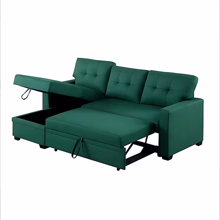 Convertible sofa cum bed with hidden storage lid open and bed extended, featuring smart storage for 