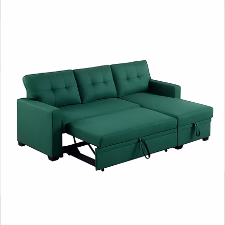 Side angle view of Casae sofa converted into a bed, showcasing its practical pull-out design and spa
