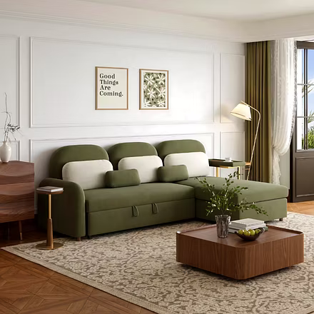 Front view of green sofa cum bed with cushions and gold side stand – Woodkraft Studio
