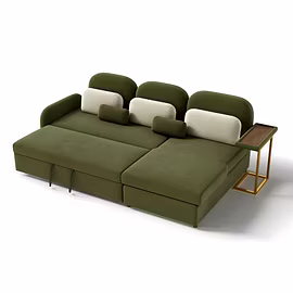 L-shaped olive green sofa cum bed with storage and side stand – Woodkraft Studio Hyderabad