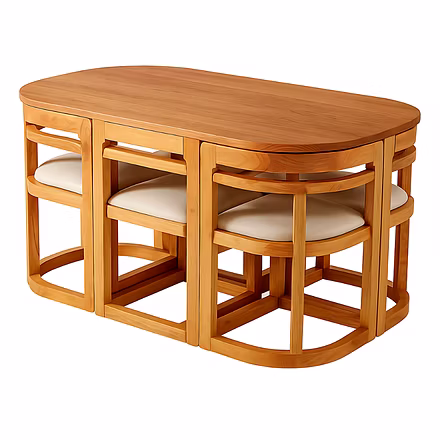 Six-seater space-saving dining set with natural wooden top and wooden base, upholstered cushioned ch