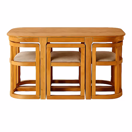 Close-up view of space-saving dining table with wooden top and slatted wooden base – Woodkraft Studi