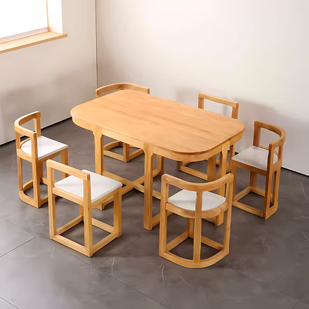 Side angle of wooden dining chair with upholstered seat cushion and slatted backrest – Woodkraft Stu