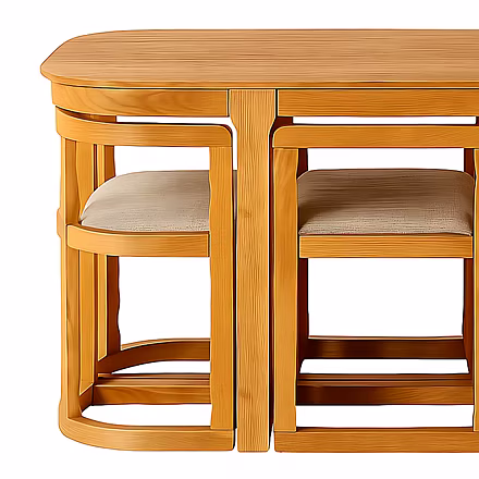 Detailed view of cushioned wooden dining chair showing fabric texture and slatted back design – Wood