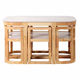 Close-up view of space-saving dining table with white marble top and slatted wooden base – Woodkraft