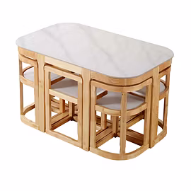 Six-seater space-saving dining set with natural white marble top and wooden base, upholstered cushio