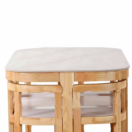 Detailed view of cushioned wooden dining chair showing fabric texture and slatted back design – Wood